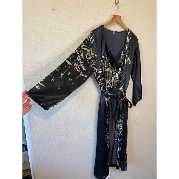 Whimsy Goth Boho Black Silky Floral Long Sleeve Bath Robe & Slip Mini Dress Sm - Picture 10 of 16
